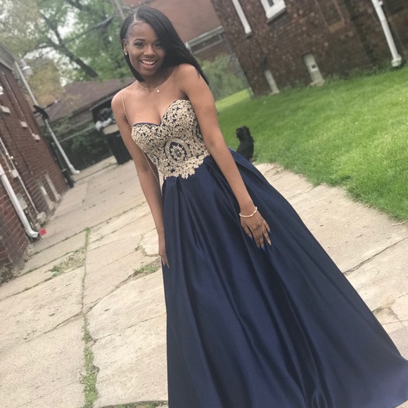 blue and gold strapless prom dress A-Line Tulle Gold/Blue Long Prom Dress, Blue Formal Evening Dress main image 1